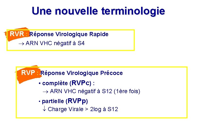 Une nouvelle terminologie RVR : Réponse Virologique Rapide ARN VHC négatif à S 4 Une nouvelle terminologie RVR : Réponse Virologique Rapide ARN VHC négatif à S 4