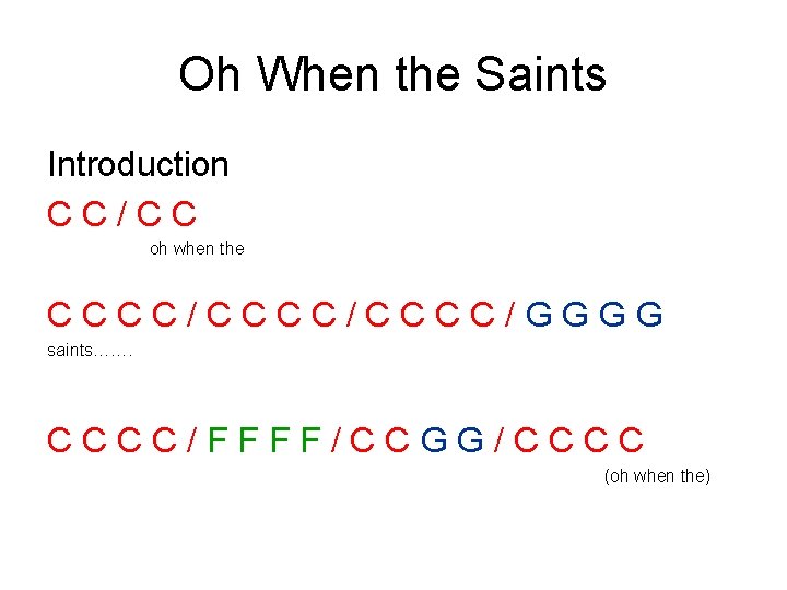Oh When the Saints Introduction CC/CC oh when the CCCC/CCCC/GGGG saints……. CCCC/FFFF/CCGG/CCCC (oh when