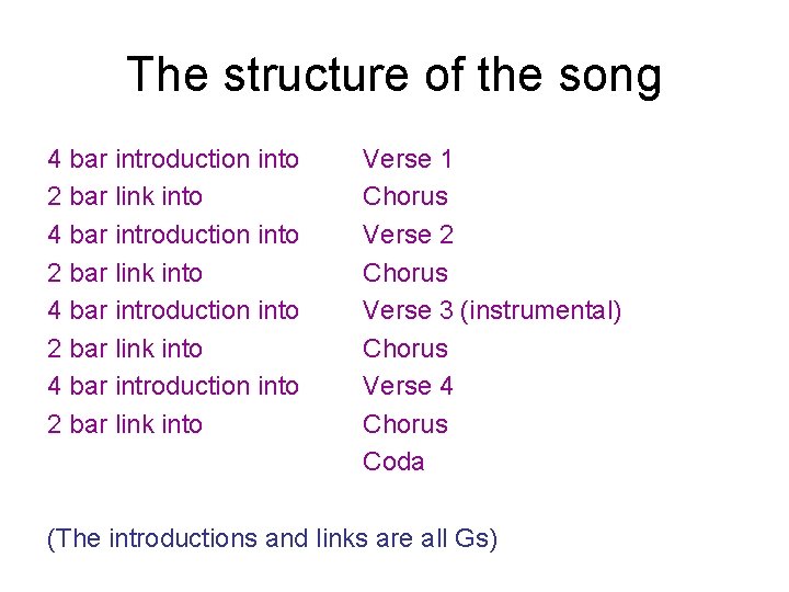 The structure of the song 4 bar introduction into 2 bar link into Verse