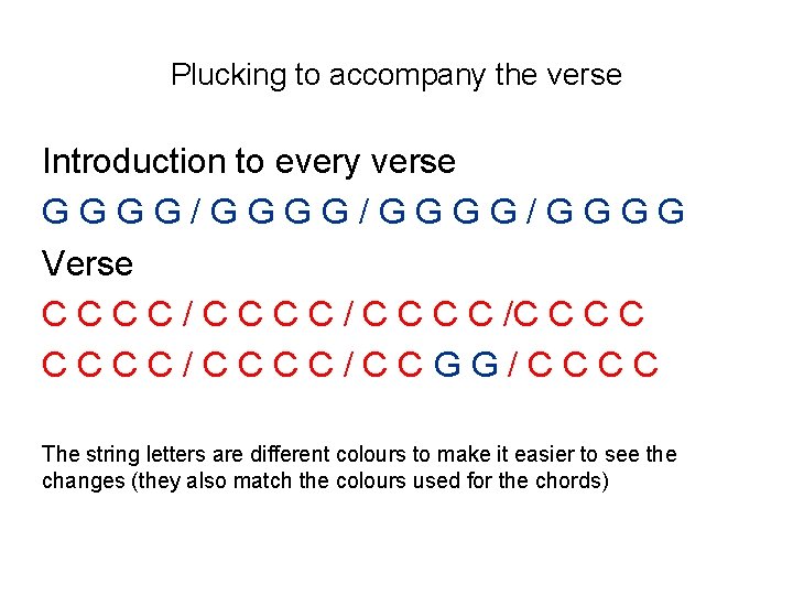 Plucking to accompany the verse Introduction to every verse GGGG/GGGG/GGGG Verse C C C