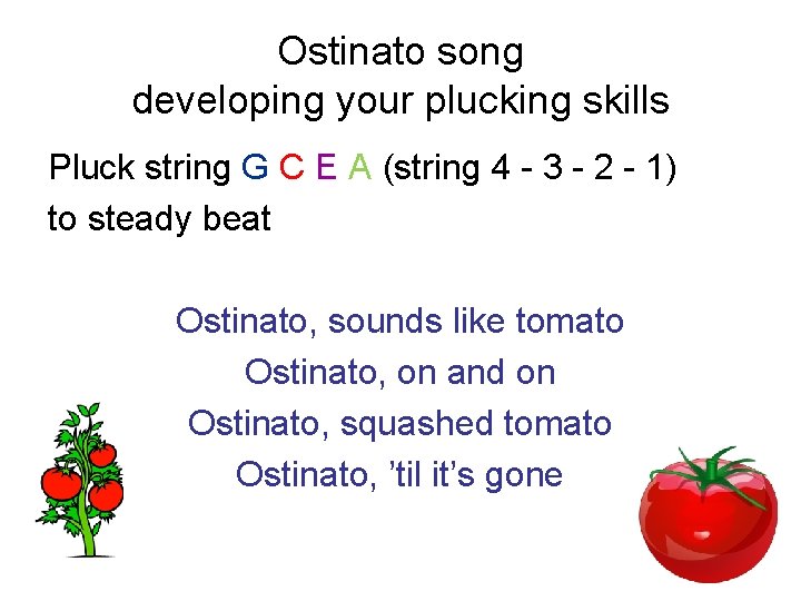 Ostinato song developing your plucking skills Pluck string G C E A (string 4