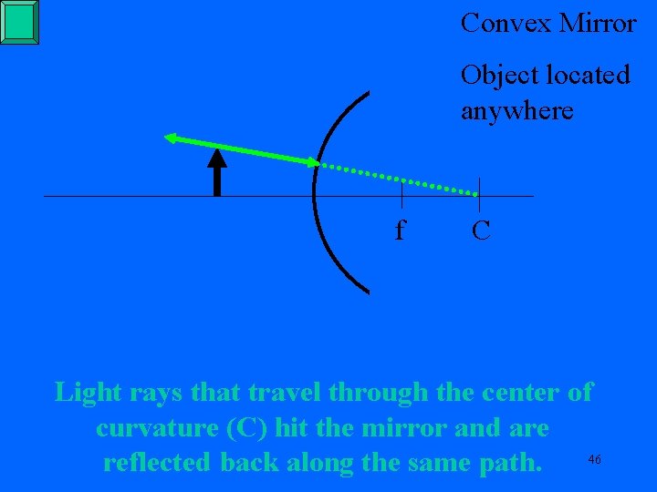 Convex Mirror Object located anywhere f C Light rays that travel through the center