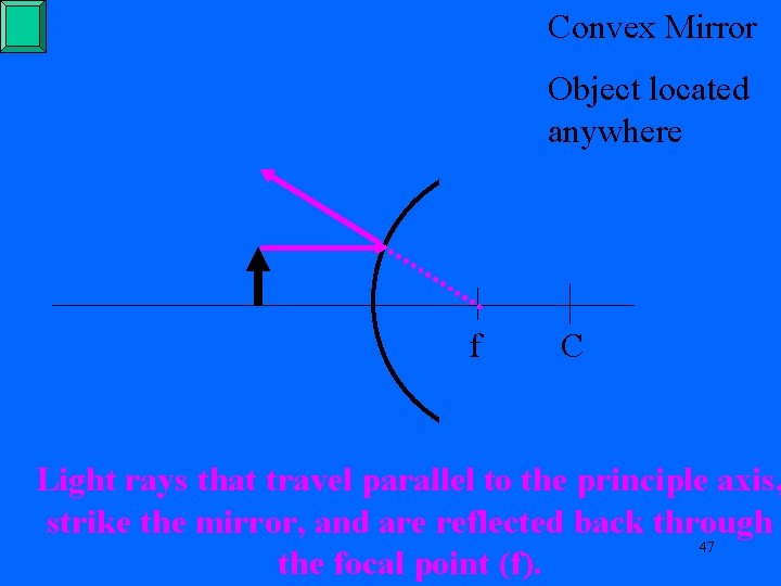 Convex Mirror Object located anywhere f C Light rays that travel parallel to the