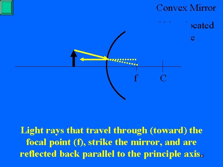 Convex Mirror Object located anywhere f C Light rays that travel through (toward) the