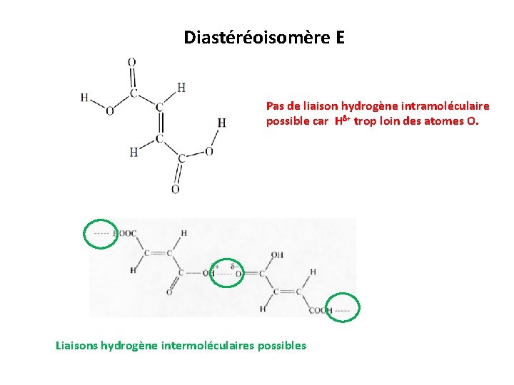 Diastéréoisomère E Pas de liaison hydrogène intramoléculaire possible car H + trop loin des