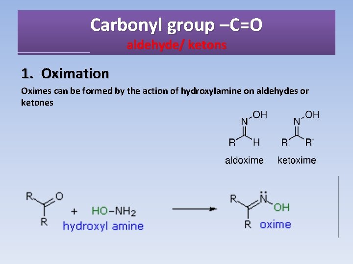 Carbonyl group –C=O aldehyde/ ketons 1. Oximation Oximes can be formed by the action