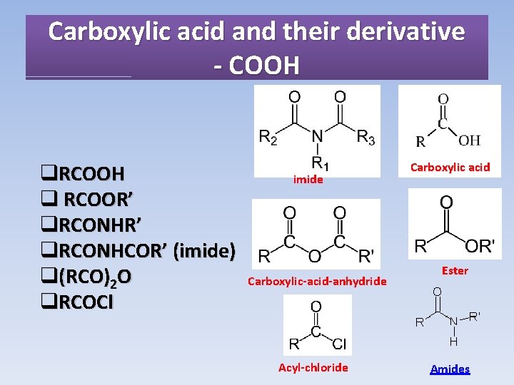 Carboxylic acid and their derivative - COOH q. RCOOH q RCOOR’ q. RCONHCOR’ (imide)
