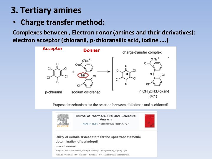 3. Tertiary amines • Charge transfer method: Complexes between , Electron donor (amines and