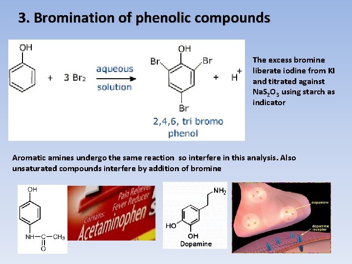 3. Bromination of phenolic compounds The excess bromine liberate iodine from KI and titrated