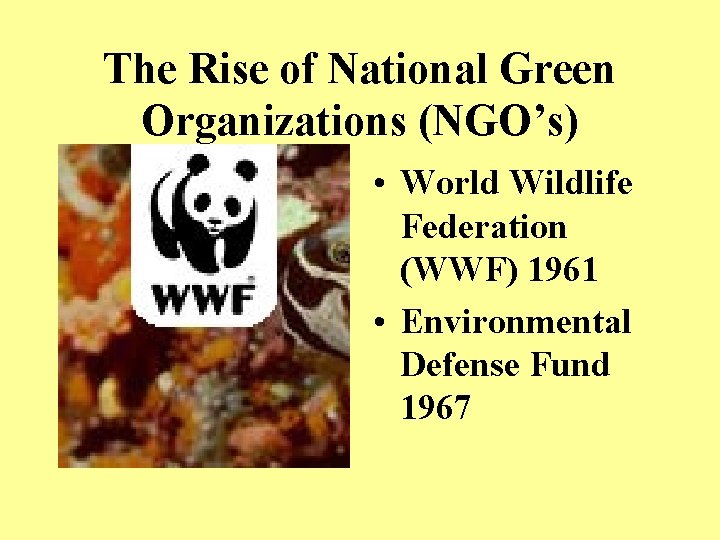 The Rise of National Green Organizations (NGO’s) • World Wildlife Federation (WWF) 1961 •