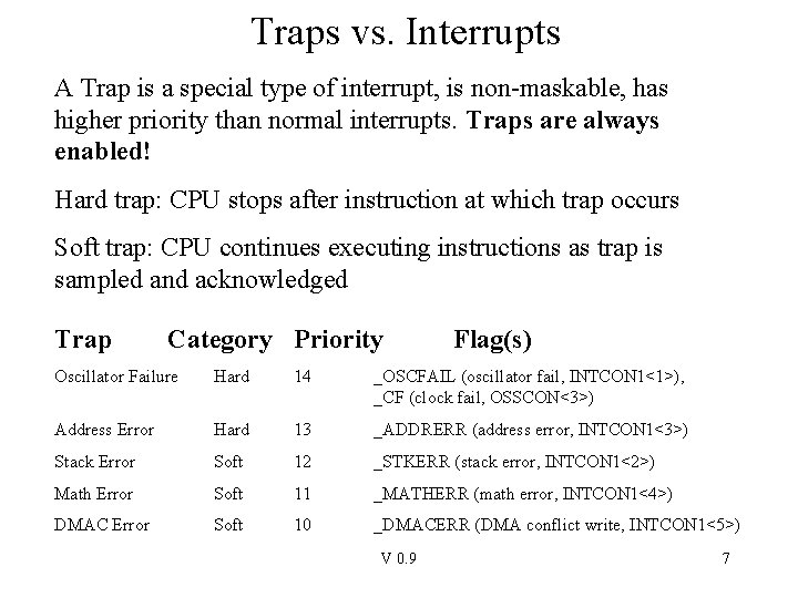 Traps vs. Interrupts A Trap is a special type of interrupt, is non-maskable, has