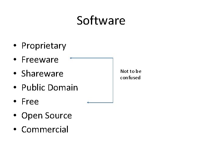 Software • • Proprietary Freeware Shareware Public Domain Free Open Source Commercial Not to