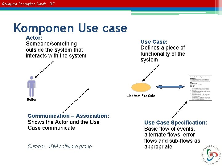 Rekayasa Perangkat Lunak – SIF Komponen Use case Actor: Someone/something outside the system that