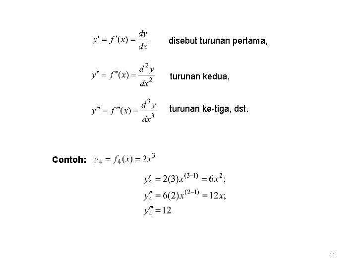 disebut turunan pertama, turunan kedua, turunan ke-tiga, dst. Contoh: 11 