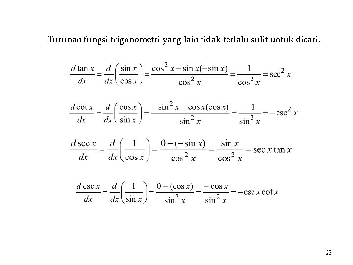 Turunan fungsi trigonometri yang lain tidak terlalu sulit untuk dicari. 29 