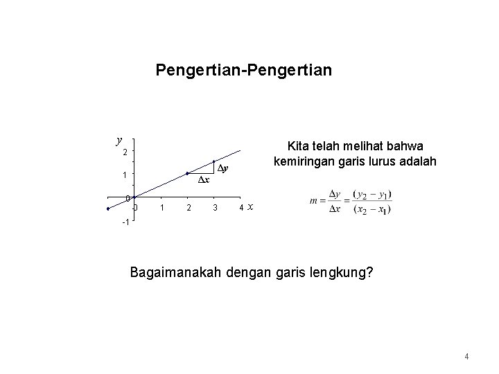 Pengertian-Pengertian y Kita telah melihat bahwa kemiringan garis lurus adalah 2 Δy 1 Δx