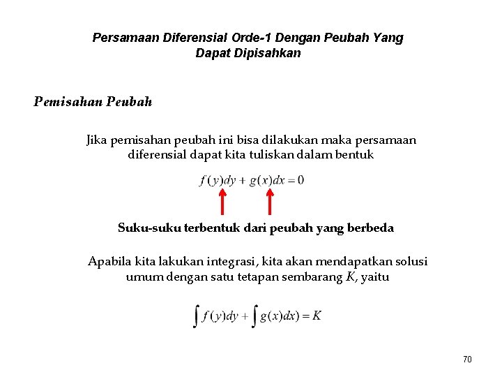 Persamaan Diferensial Orde-1 Dengan Peubah Yang Dapat Dipisahkan Pemisahan Peubah Jika pemisahan peubah ini