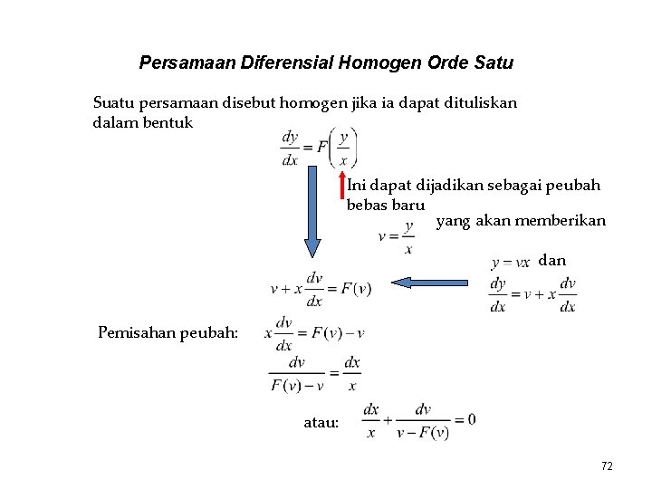 Persamaan Diferensial Homogen Orde Satu Suatu persamaan disebut homogen jika ia dapat dituliskan dalam