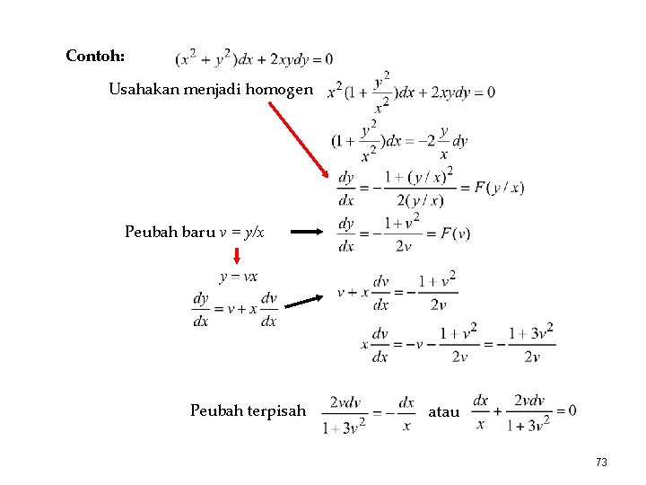 Contoh: Usahakan menjadi homogen Peubah baru v = y/x Peubah terpisah atau 73 