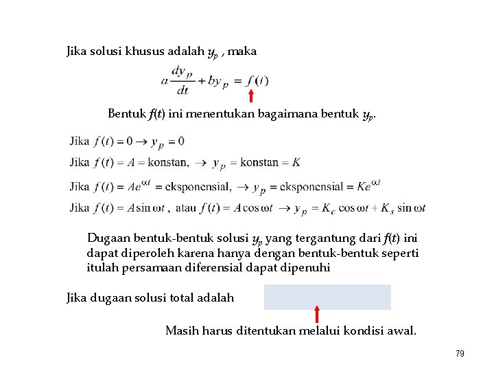 Jika solusi khusus adalah yp , maka Bentuk f(t) ini menentukan bagaimana bentuk yp.