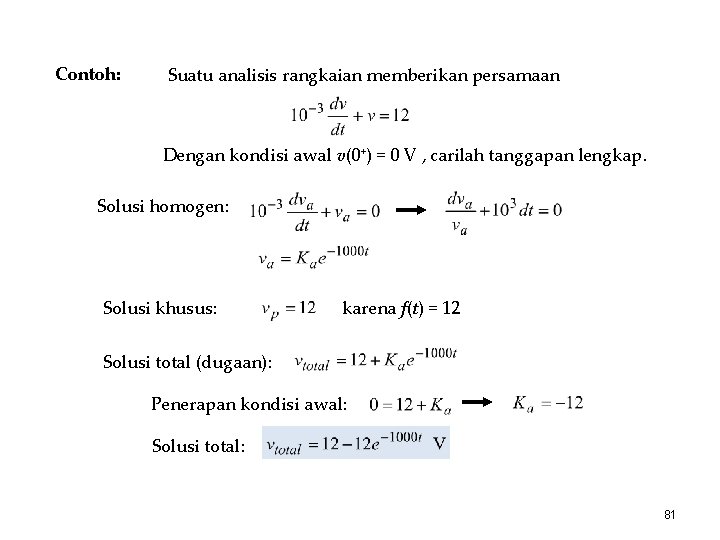 Contoh: Suatu analisis rangkaian memberikan persamaan Dengan kondisi awal v(0+) = 0 V ,