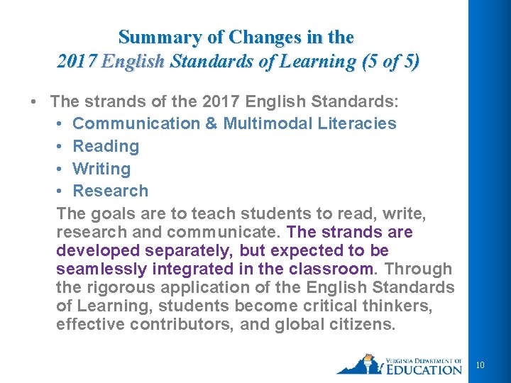 Summary of Changes in the 2017 English Standards of Learning (5 of 5) •