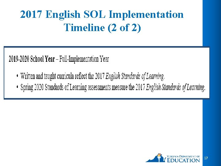 2017 English SOL Implementation Timeline (2 of 2) 17 