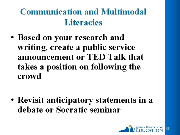 Communication and Multimodal Literacies • Based on your research and writing, create a public