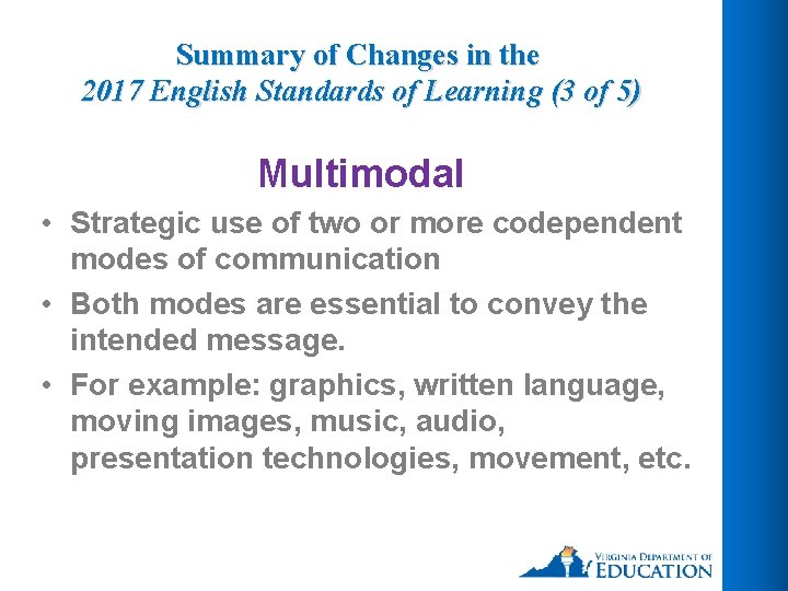 Summary of Changes in the 2017 English Standards of Learning (3 of 5) Multimodal