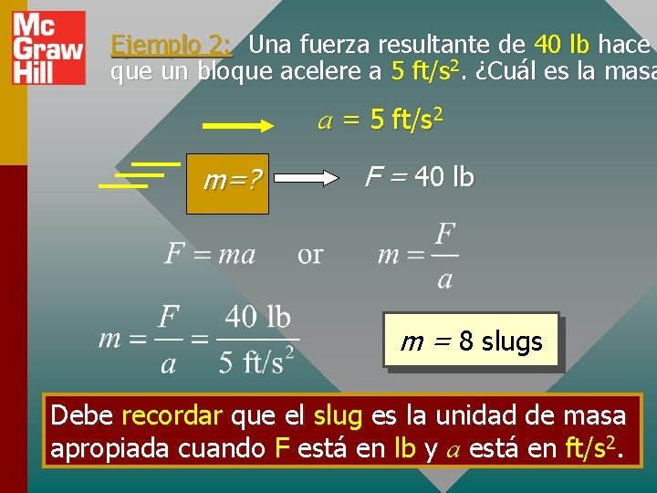 Ejemplo 2: Una fuerza resultante de 40 lb hace que un bloque acelere a