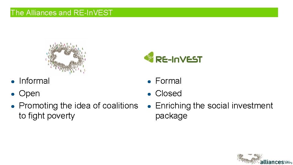 The Alliances and RE-In. VEST Informal ● Open ● Promoting the idea of coalitions