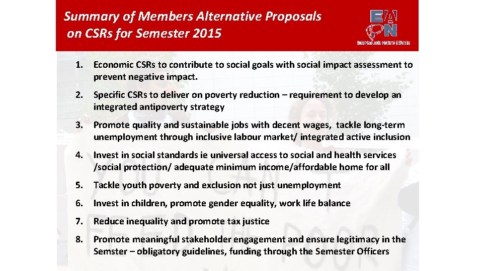 Summary of Members Alternative Proposals on CSRs for Semester 2015 1. Economic CSRs to