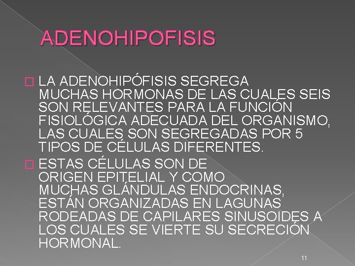 ADENOHIPOFISIS LA ADENOHIPÓFISIS SEGREGA MUCHAS HORMONAS DE LAS CUALES SEIS SON RELEVANTES PARA LA ADENOHIPOFISIS LA ADENOHIPÓFISIS SEGREGA MUCHAS HORMONAS DE LAS CUALES SEIS SON RELEVANTES PARA LA