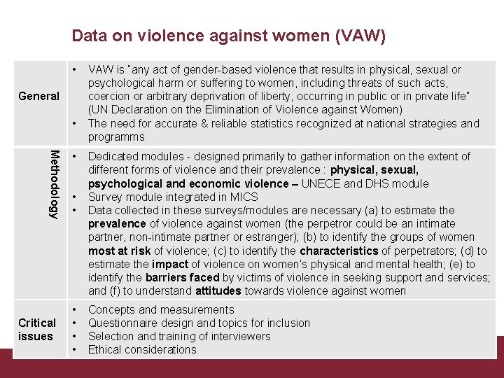 Data on violence against women (VAW) • General • Methodology Critical issues • •