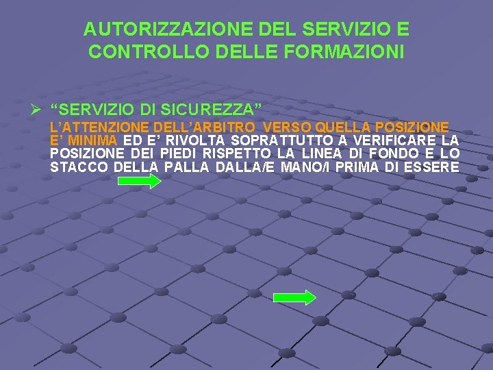 AUTORIZZAZIONE DEL SERVIZIO E CONTROLLO DELLE FORMAZIONI Ø “SERVIZIO DI SICUREZZA” L’ATTENZIONE DELL’ARBITRO VERSO