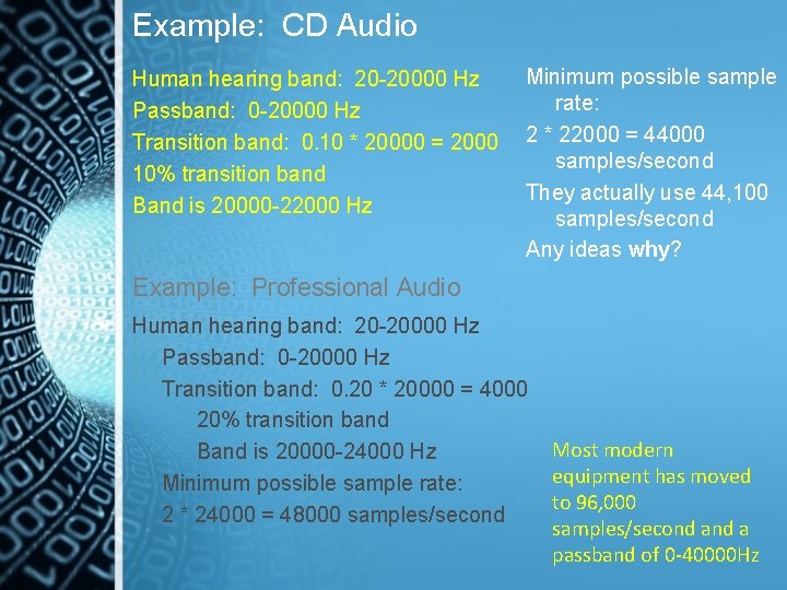 Example: CD Audio Human hearing band: 20 -20000 Hz Passband: 0 -20000 Hz Transition