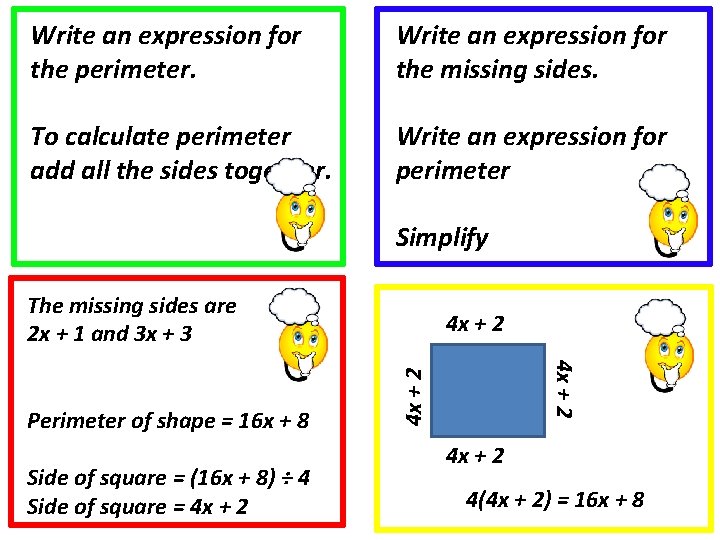 Write an expression for the perimeter. Write an expression for the missing sides. To