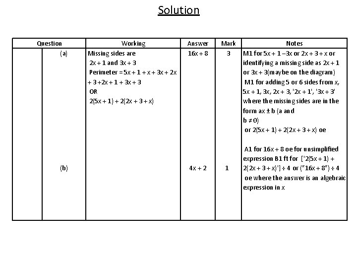 Solution Question (a) (b) Working Missing sides are 2 x + 1 and 3