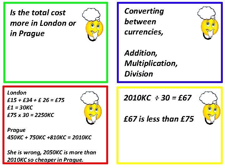 Is the total cost more in London or in Prague Converting between currencies, Addition,