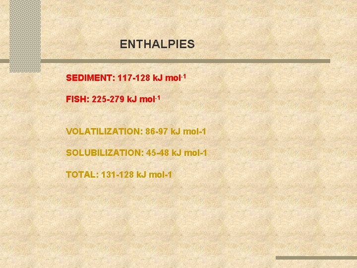 ENTHALPIES SEDIMENT: 117 -128 k. J mol-1 FISH: 225 -279 k. J mol-1 VOLATILIZATION: