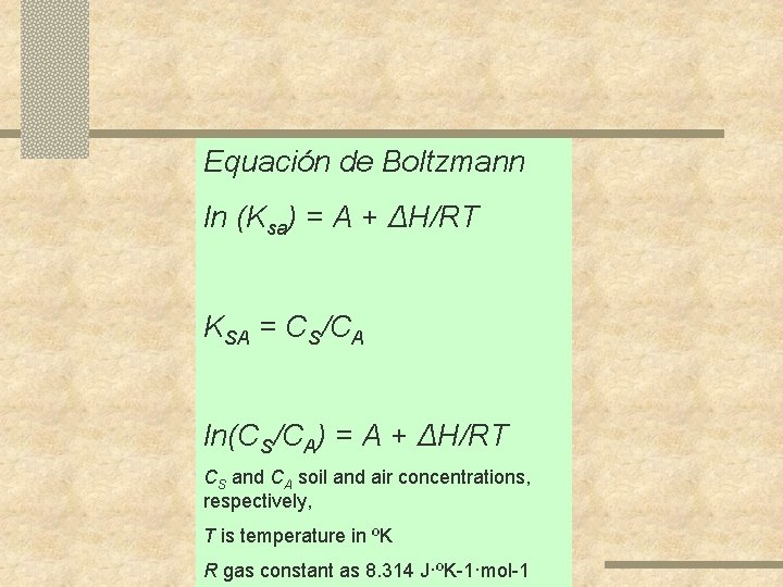 Equación de Boltzmann ln (Ksa) = A + ΔH/RT KSA = CS/CA ln(CS/CA) =