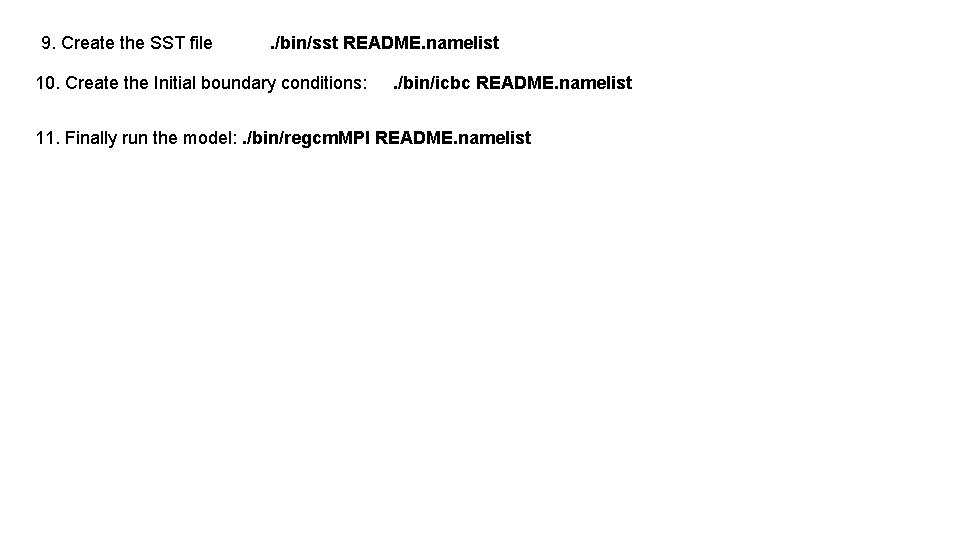 9. Create the SST file . /bin/sst README. namelist 10. Create the Initial boundary