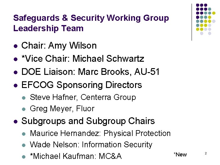 Safeguards & Security Working Group Leadership Team l l Chair: Amy Wilson *Vice Chair: