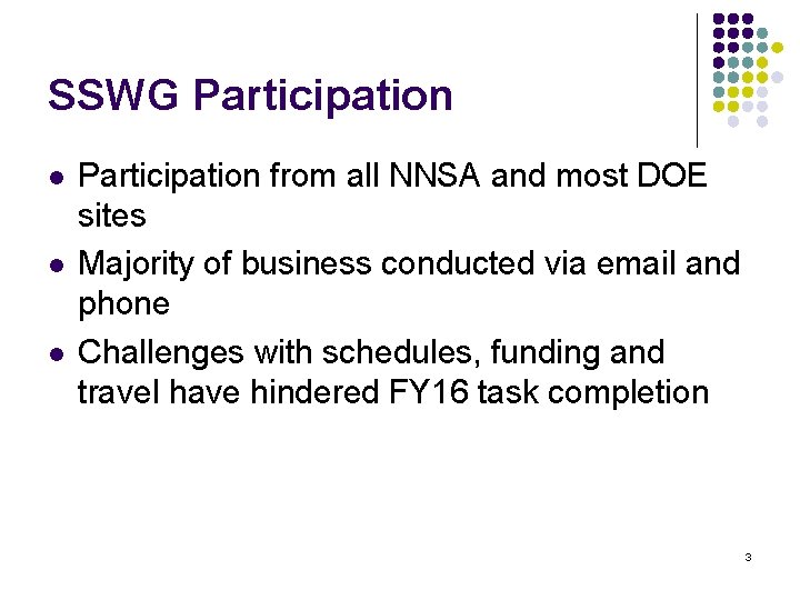 SSWG Participation l l l Participation from all NNSA and most DOE sites Majority