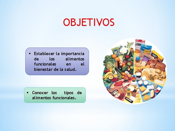 OBJETIVOS § Establecer la importancia de los alimentos funcionales en el bienestar de la