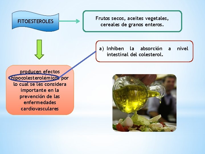 FITOESTEROLES Frutos secos, aceites vegetales, cereales de granos enteros. a) Inhiben la absorción a