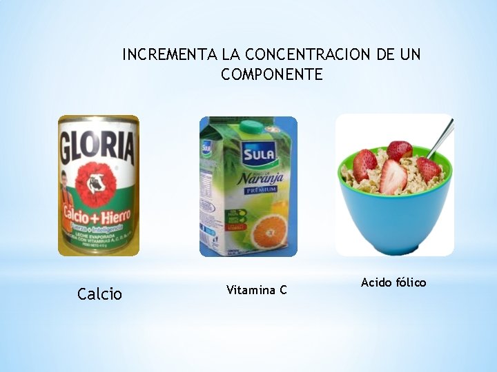 INCREMENTA LA CONCENTRACION DE UN COMPONENTE Calcio Vitamina C Acido fólico 