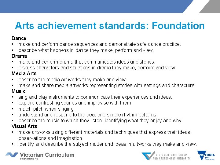 Arts achievement standards: Foundation Dance • make and perform dance sequences and demonstrate safe