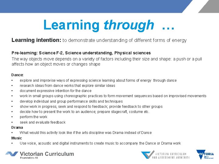 Learning through … Learning intention: to demonstrate understanding of different forms of energy Pre-learning:
