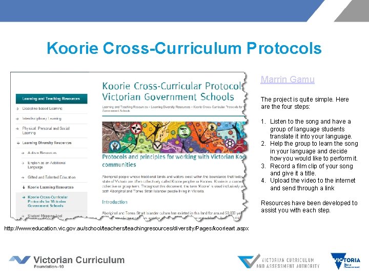 Koorie Cross-Curriculum Protocols Marrin Gamu The project is quite simple. Here are the four